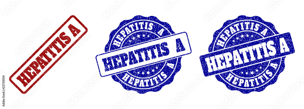 HEPATITIS A scratched stamp seals in red and blue colors. Vector HEPATITIS A watermarks with distress surface. Graphic elements are rounded rectangles, rosettes, circles and text labels.