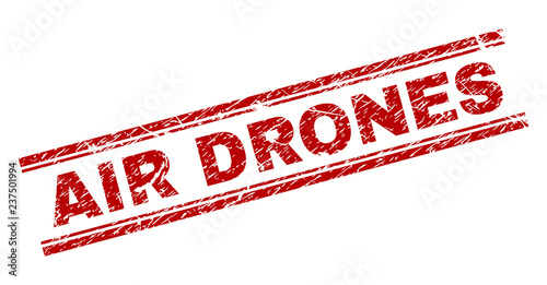 AIR DRONES seal imprint with corroded texture. Red vector rubber print of AIR DRONES tag with unclean texture. Text tag is placed between double parallel lines.