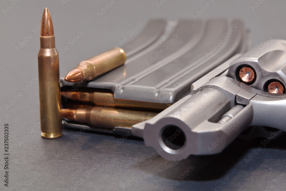 A rifle magazine loaded with .223 bullets and two extra ones next to a stainless 357 revolver on a gray background