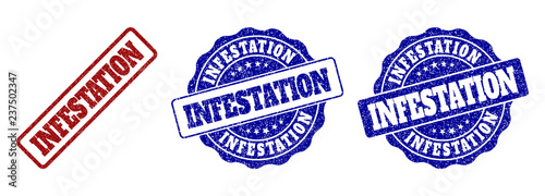 INFESTATION grunge stamp seals in red and blue colors. Vector INFESTATION marks with grunge effect. Graphic elements are rounded rectangles, rosettes, circles and text captions.
