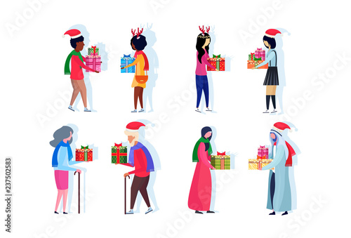 set mix race people giving present each other happy new year merry christmas concept flat male female cartoon characters collection isolated full length horizontal