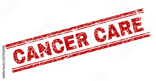 CANCER CARE seal watermark with grunge texture. Red vector rubber print of CANCER CARE label with grunge texture. Text title is placed between double parallel lines.