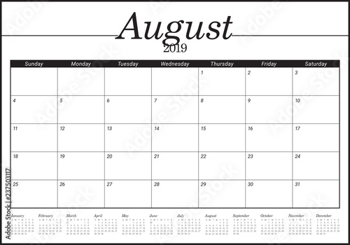 August 2019 desk calendar vector illustration