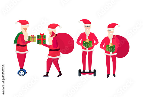 santa claus different poses ride electric scooter hold gift box new year merry christmas concept male cartoon character profile full length isolated horizontal