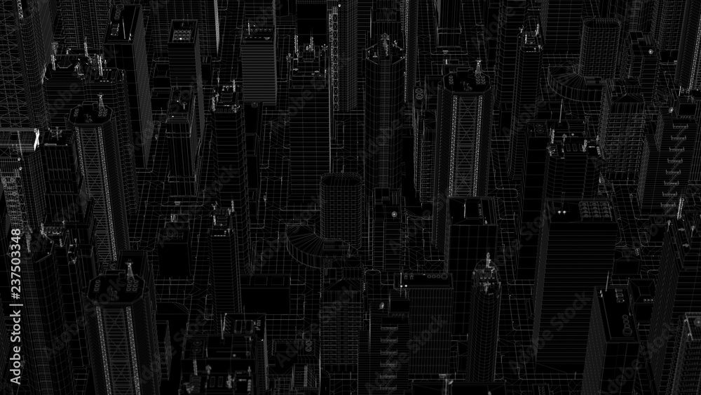 3d render abstract wireframe city fragment.Digital concept with different skyscrappers and small buildings. Perfect for business and corporate presentation.