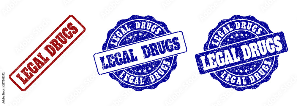 LEGAL DRUGS grunge stamp seals in red and blue colors. Vector LEGAL DRUGS marks with grunge surface. Graphic elements are rounded rectangles, rosettes, circles and text captions.