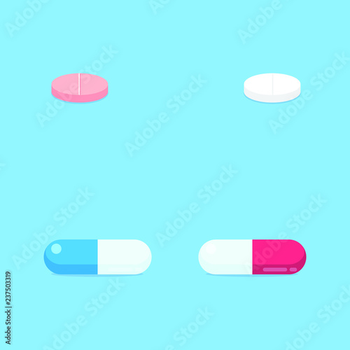 Drug pills and tablet flat style design vector illustration set isolated on light blue background icon sign. Medical capsule painkiller cure treatment.