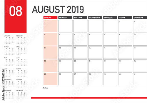 August 2019 desk calendar vector illustration