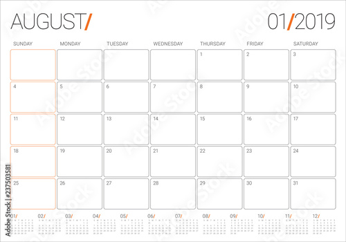 August 2019 desk calendar vector illustration