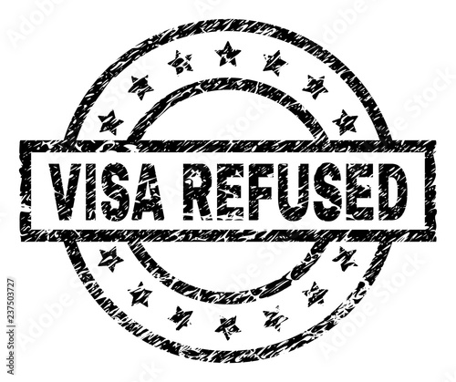 VISA REFUSED stamp seal watermark with distress style. Designed with rectangle, circles and stars. Black vector rubber print of VISA REFUSED text with unclean texture.