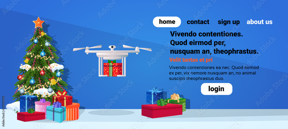 Drone delivery present new year merry christmas holiday concept fir tree gift box decoration flat horizontal copy space
