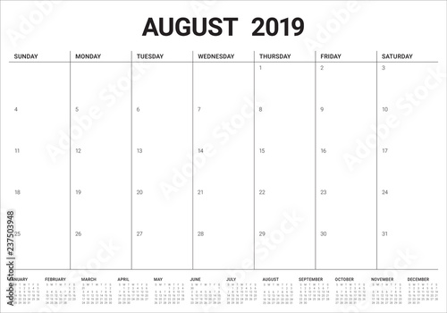 August 2019 desk calendar vector illustration