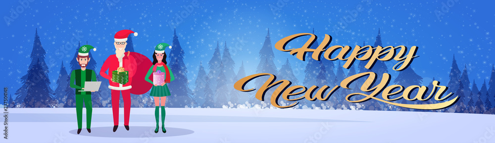santa claus man woman elf helper holding gift box happy new year merry christmas concept winter forest landscape background full length horizontal banner santa claus man woman elf helper holding gift box happy new year merry christmas concept winter forest landscape background full length horizontal banner