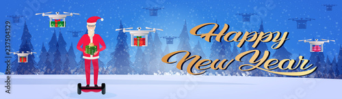 santa claus ride electric scooter drone delivery service new year merry christmas concept fir tree forest landscape full length horizontal banner