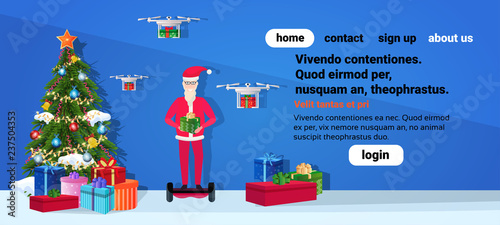 santa claus ride electric scooter drone delivery service new year merry christmas concept frir tree gift box decoration full length horizontal copy space