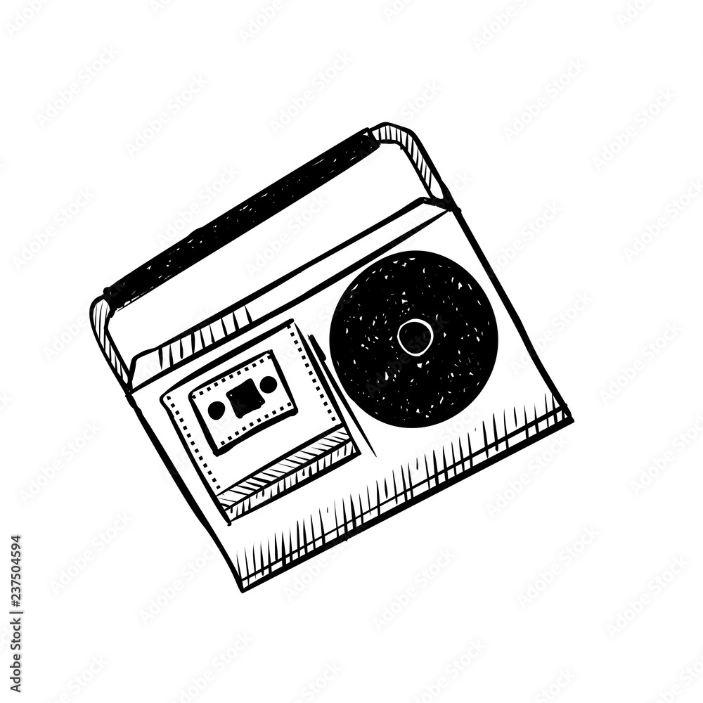 Musical equipment. Retro tape recorders. Hand-drawn vintage reel to reel  tape recorder. Sketch music. Vector illustration Stock Vector