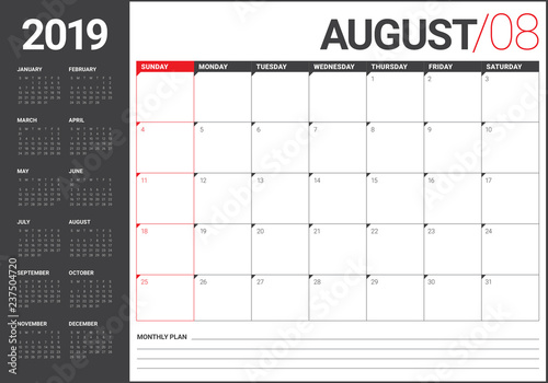 August 2019 desk calendar vector illustration