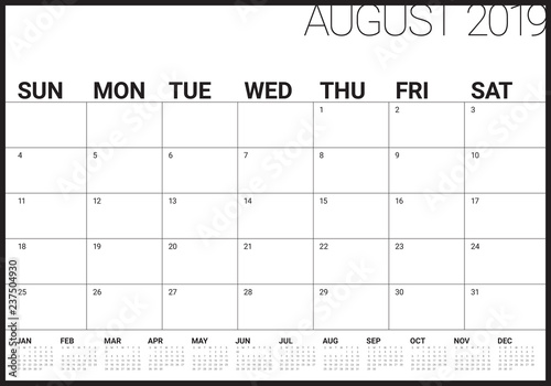 August 2019 desk calendar vector illustration