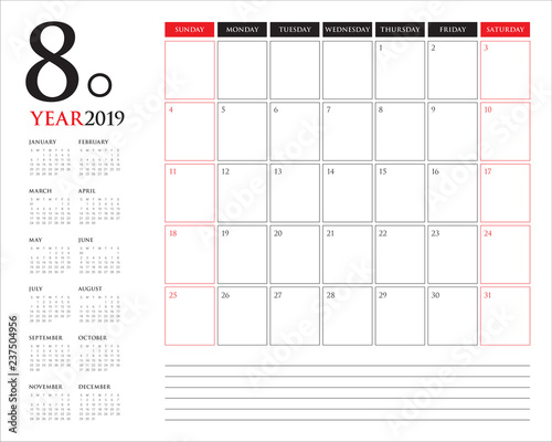August 2019 desk calendar vector illustration