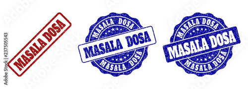 MASALA DOSA grunge stamp seals in red and blue colors. Vector MASALA DOSA labels with grainy effect. Graphic elements are rounded rectangles, rosettes, circles and text labels.