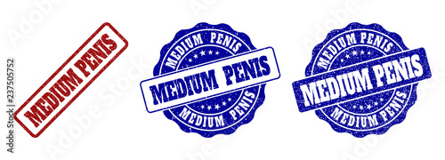 MEDIUM PENIS grunge stamp seals in red and blue colors. Vector MEDIUM PENIS marks with grunge surface. Graphic elements are rounded rectangles, rosettes, circles and text captions.