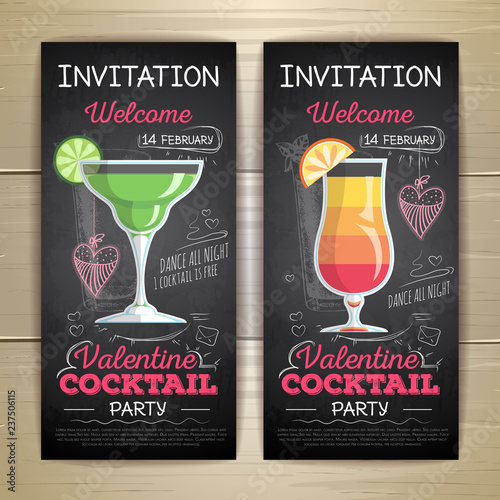 Chalk drawing flat cocktail valentine party poster