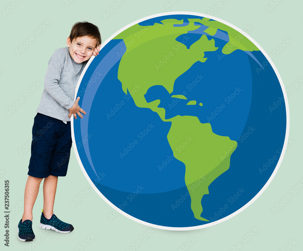 Young boy hugging planet earth Young boy hugging planet earth