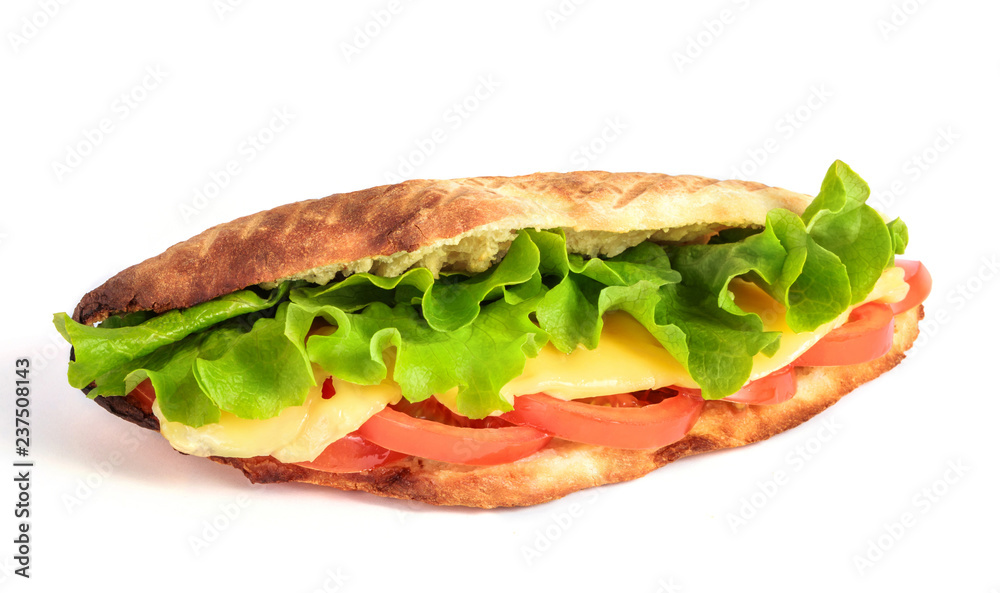 Sandwich from fresh pita bread with lettuce, slices of fresh tomatoes, ham pork and cheese on white background Sandwich from fresh pita bread with lettuce, slices of fresh tomatoes, ham pork and cheese on white background