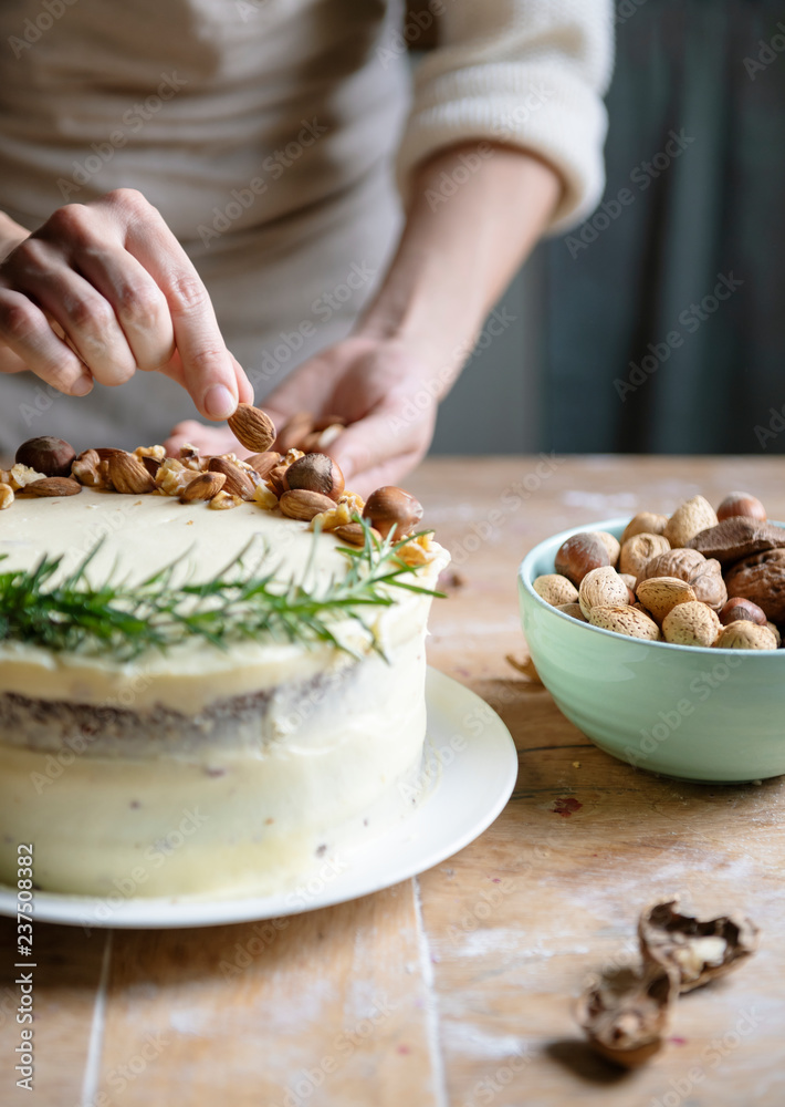 Cake decorated with nuts food photography recipe