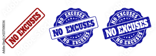 NO EXCUSES grunge stamp seals in red and blue colors. Vector NO EXCUSES labels with draft style. Graphic elements are rounded rectangles, rosettes, circles and text titles.