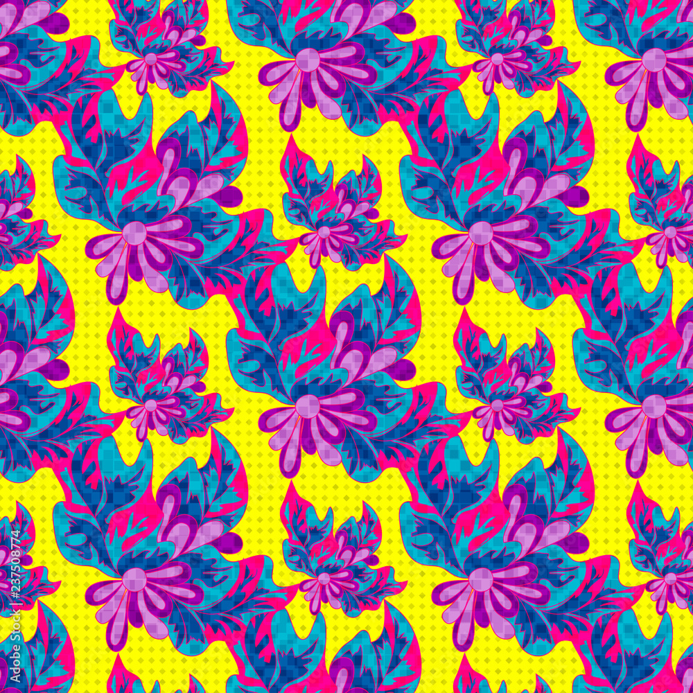 psychedelic abstract flowers on a yellow background seamless pattern illustration