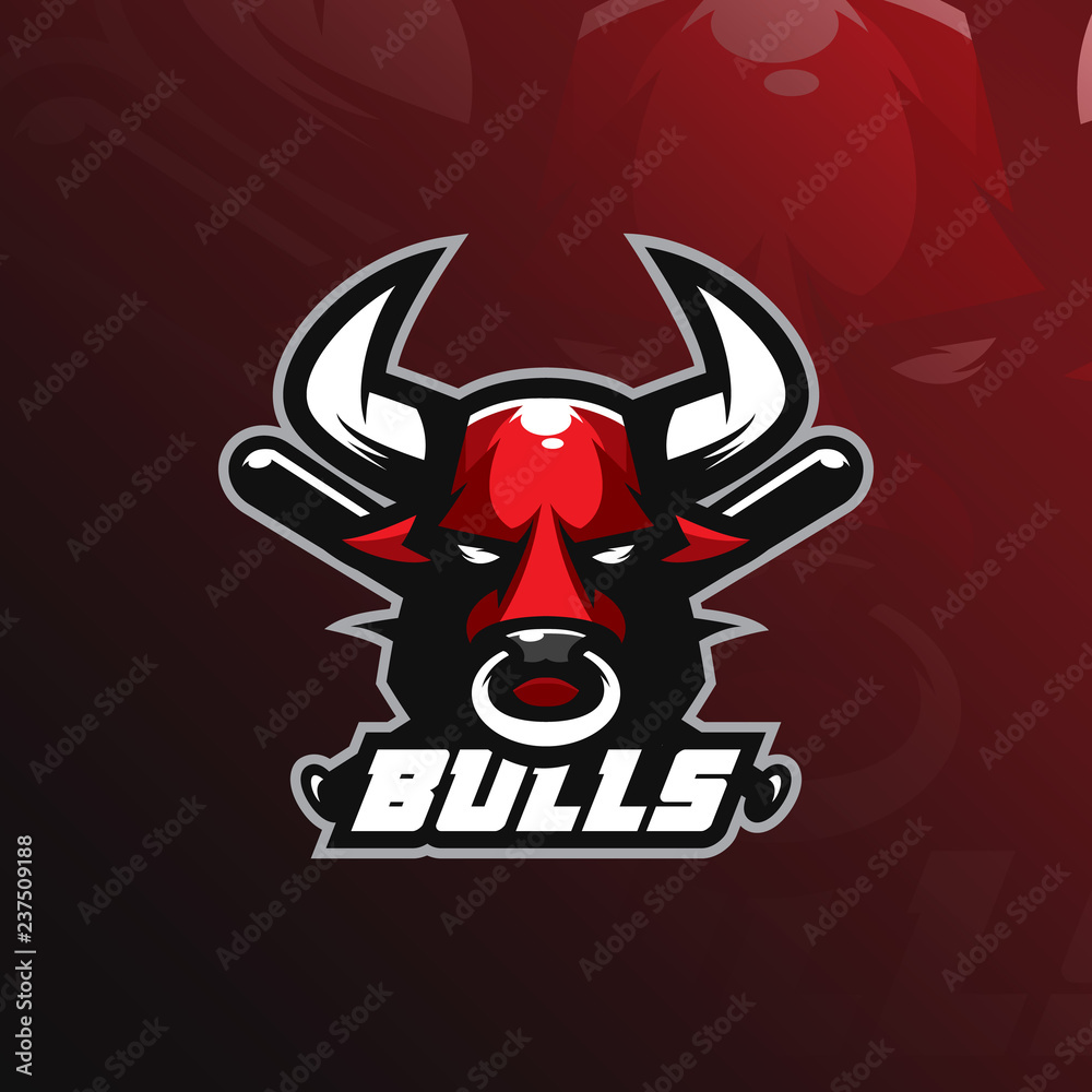 bull mascot logo design vector with modern illustration concept style for badge, emblem and tshirt printing. bull illustration with baseball bat in the back.