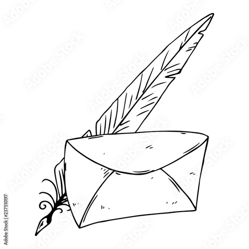 Mail envelope with ink pen hand drawn. Vector illustration ink pen and envelope. Feather pen with envelope mail.