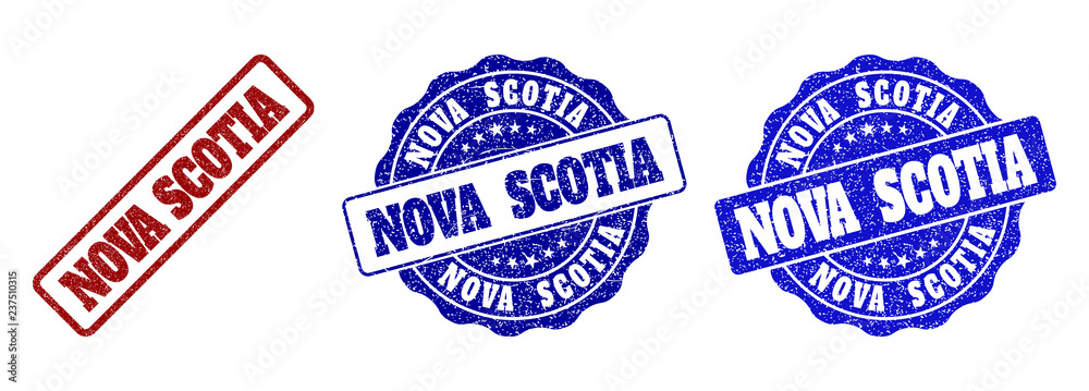 NOVA SCOTIA grunge stamp seals in red and blue colors. Vector NOVA SCOTIA watermarks with distress surface. Graphic elements are rounded rectangles, rosettes, circles and text tags.