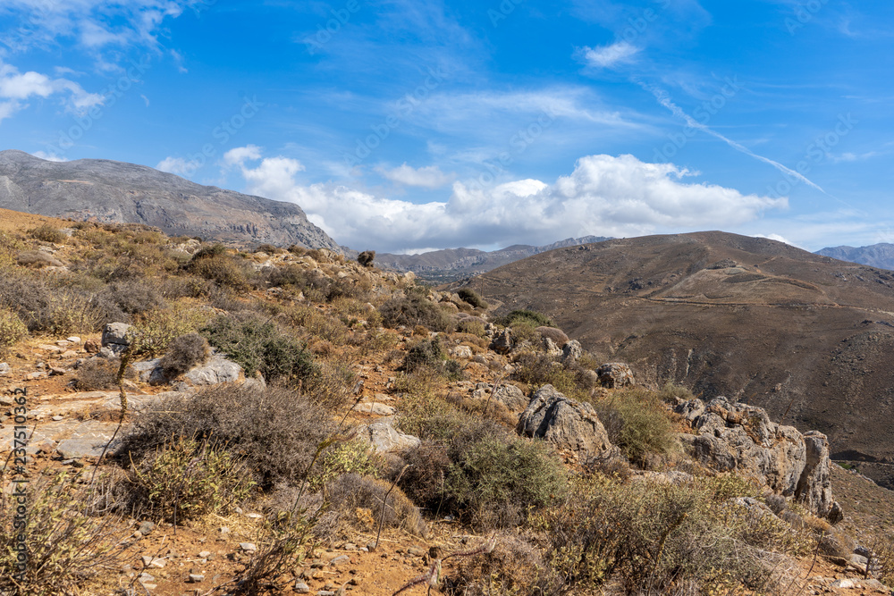 Wide view over the mountain landscape near Preveli beach on the island of Crete, Greece