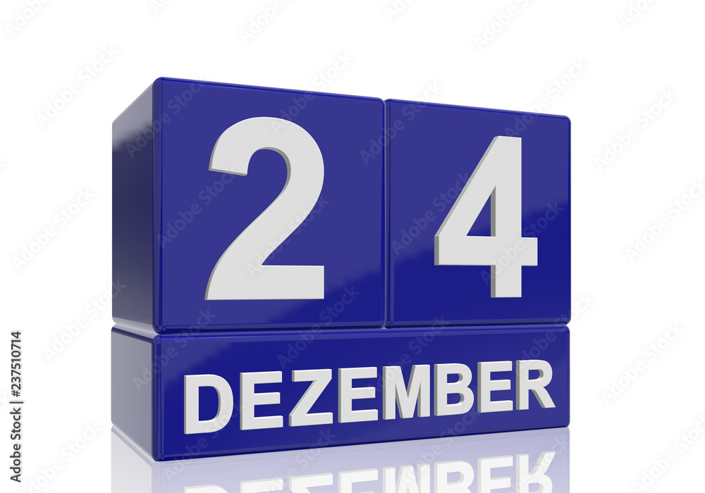 The date of 24 Dezember in white numbers and letters on shiny blue cubes with reflection on a white background. The date of 24 Dezember in white numbers and letters on shiny blue cubes with reflection on a white background.