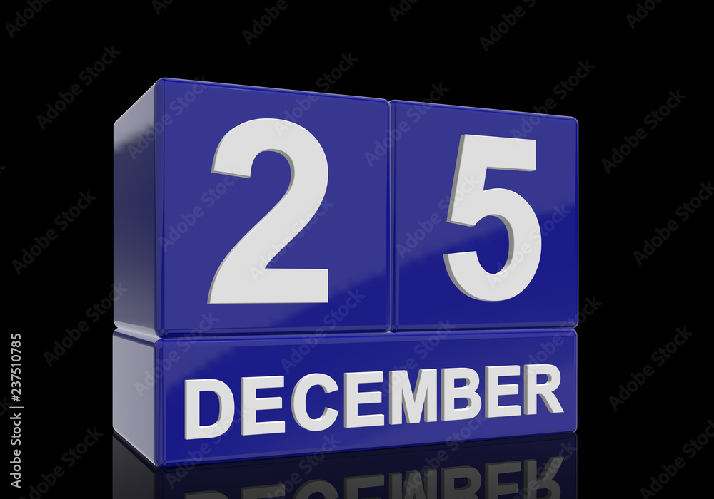 The date of 25 December in white numbers and letters on shiny blue cubes with reflection on a black background. The date of 25 December in white numbers and letters on shiny blue cubes with reflection on a black background.
