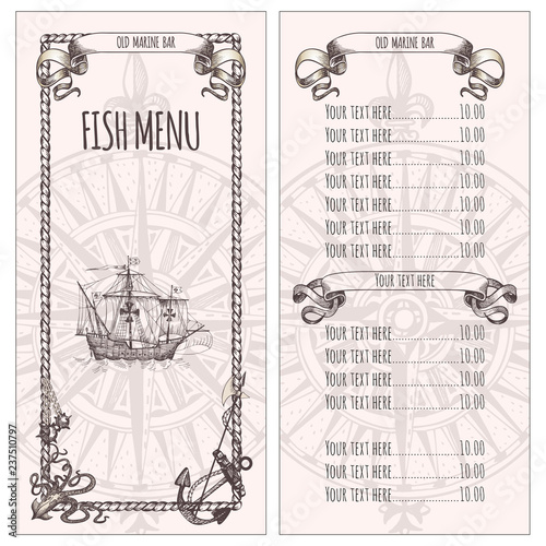 Adventure stories. Pirate background. Vintage border frame. Old caravel, vintage sailboat. Menu