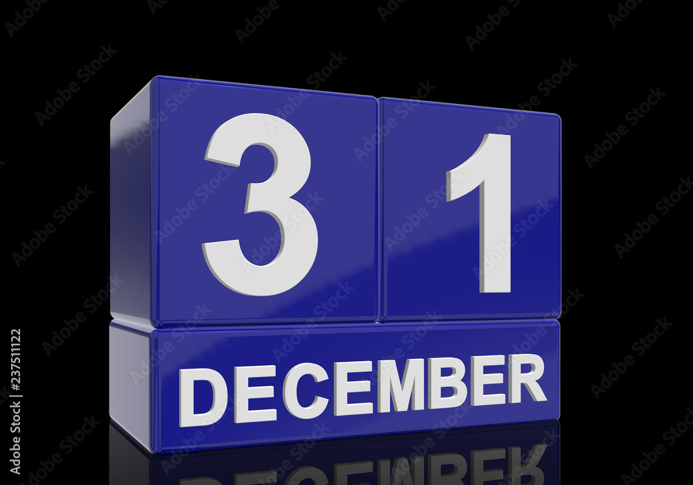 The date of 31 December in white numbers and letters on shiny blue cubes with reflection on a black background. The date of 31 December in white numbers and letters on shiny blue cubes with reflection on a black background.