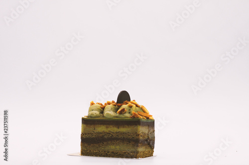 Green tea cake on white background