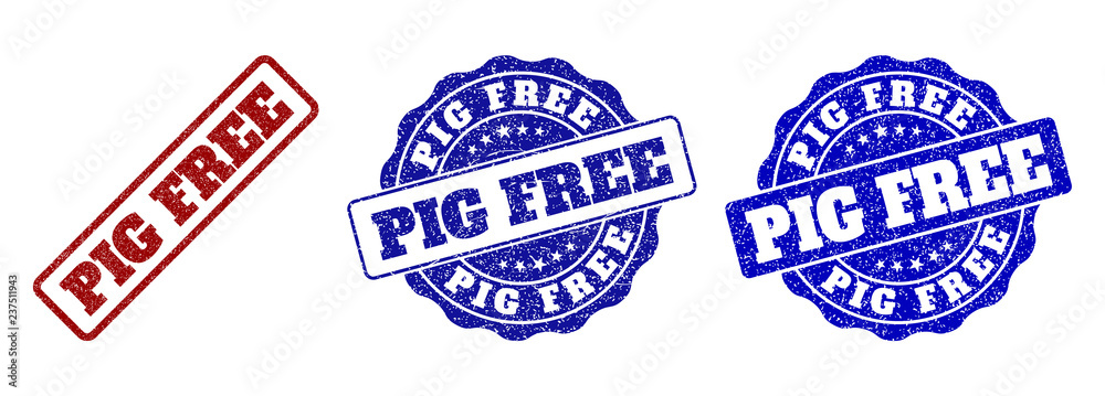 PIG FREE grunge stamp seals in red and blue colors. Vector PIG FREE imprints with grunge style. Graphic elements are rounded rectangles, rosettes, circles and text titles. PIG FREE grunge stamp seals in red and blue colors. Vector PIG FREE imprints with grunge style. Graphic elements are rounded rectangles, rosettes, circles and text titles.