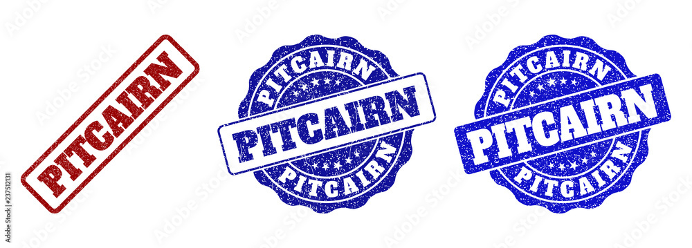 PITCAIRN grunge stamp seals in red and blue colors. Vector PITCAIRN labels with draft texture. Graphic elements are rounded rectangles, rosettes, circles and text labels.