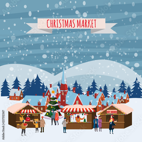 Christmas market or holiday outdoor fair on town square. People walking between decorated stalls, canopy or kiosks, buying snacks,gifts, decoration and drinking hot coffe, tea and mulled wine