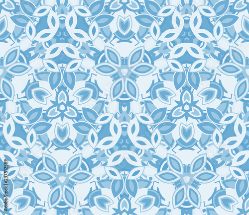 Blue kaleidoscope seamless pattern, background. Composed of abstract shapes. Useful as design element for texture and artistic compositions.