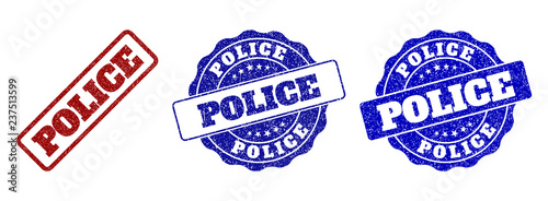 POLICE grunge stamp seals in red and blue colors. Vector POLICE overlays with grunge effect. Graphic elements are rounded rectangles, rosettes, circles and text tags.