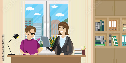 mother helping son with homework, room interior on background