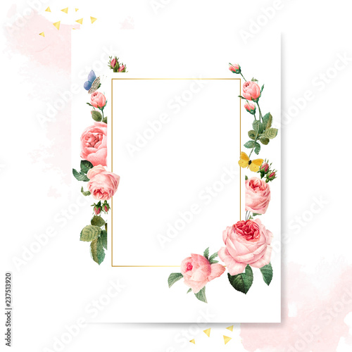 Blank rectangle pink roses frame card on pink and white background vector