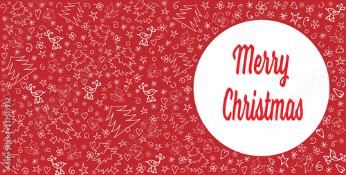 Merry Christmas red card with wite Christmas decoration. Hand drawn. Vector illustration.