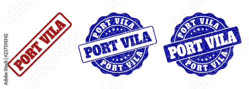 PORT VILA grunge stamp seals in red and blue colors. Vector PORT VILA signs with grunge surface. Graphic elements are rounded rectangles, rosettes, circles and text labels.