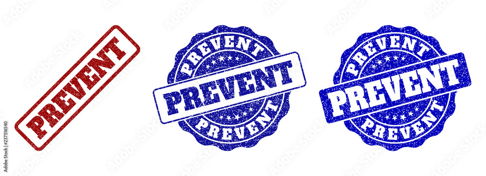 PREVENT grunge stamp seals in red and blue colors. Vector PREVENT labels with draft style. Graphic elements are rounded rectangles, rosettes, circles and text labels. PREVENT grunge stamp seals in red and blue colors. Vector PREVENT labels with draft style. Graphic elements are rounded rectangles, rosettes, circles and text labels.